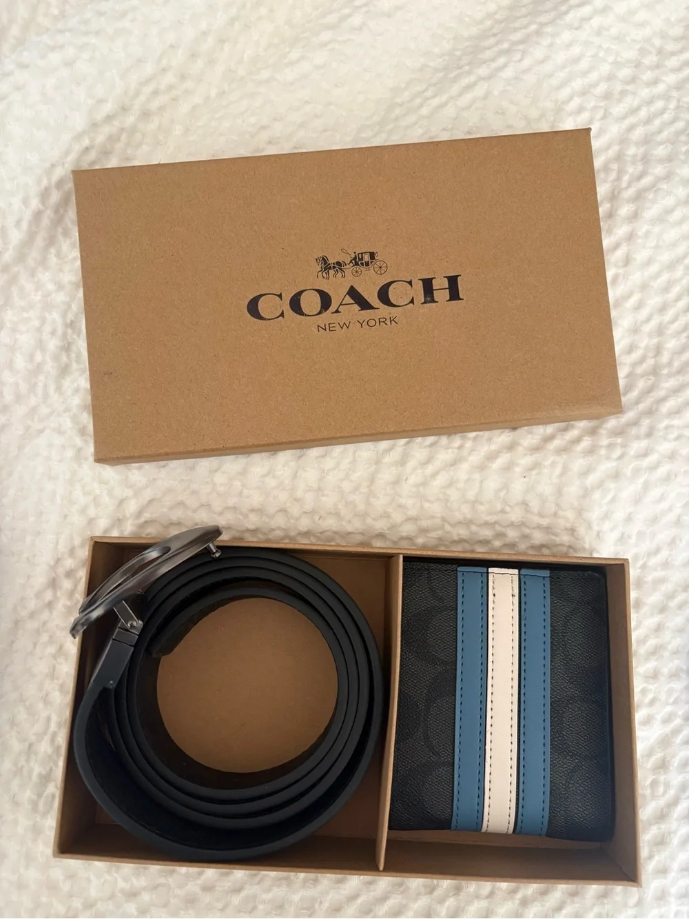 Coach Men’s Black Signature Belt & Navy/White Stripe Wallet Set N/A
